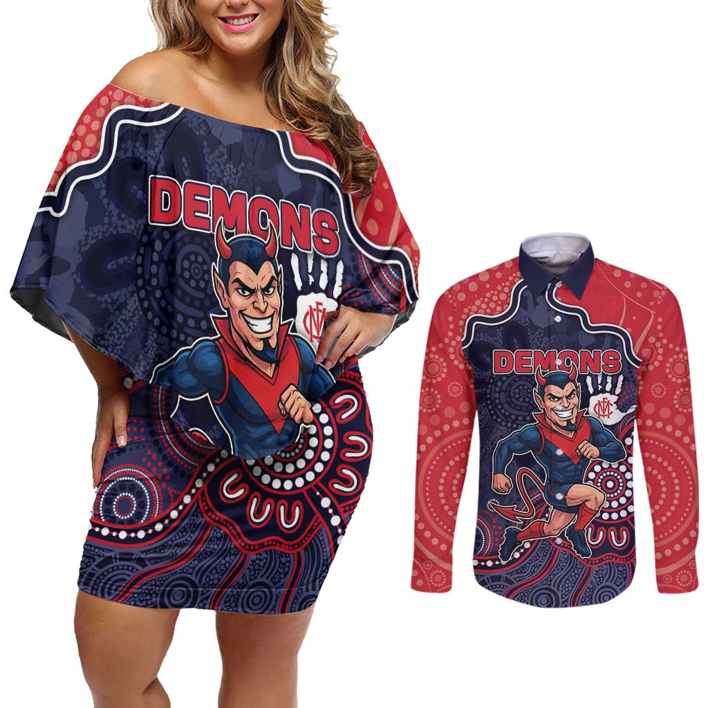 Custom Demons Football Couples Matching Off Shoulder Short Dress and Long Sleeve Button Shirt Aboriginal Dot Art Pattern