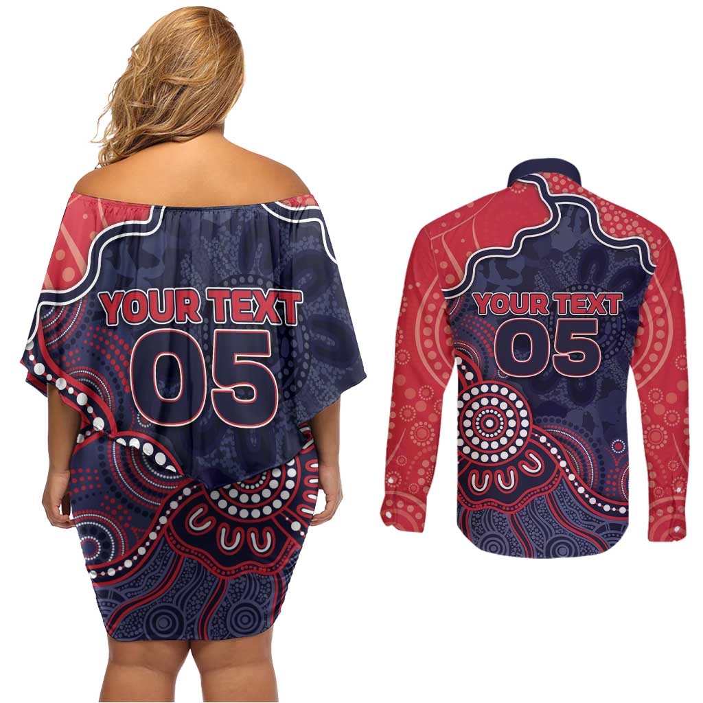 Custom Demons Football Couples Matching Off Shoulder Short Dress and Long Sleeve Button Shirt Aboriginal Dot Art Pattern