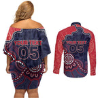 Custom Demons Football Couples Matching Off Shoulder Short Dress and Long Sleeve Button Shirt Aboriginal Dot Art Pattern