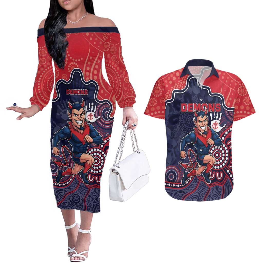 Custom Demons Football Couples Matching Off The Shoulder Long Sleeve Dress and Hawaiian Shirt Aboriginal Dot Art Pattern
