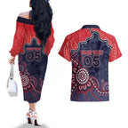 Custom Demons Football Couples Matching Off The Shoulder Long Sleeve Dress and Hawaiian Shirt Aboriginal Dot Art Pattern