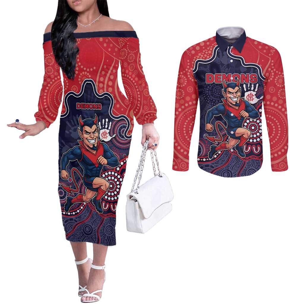Custom Demons Football Couples Matching Off The Shoulder Long Sleeve Dress and Long Sleeve Button Shirt Aboriginal Dot Art Pattern