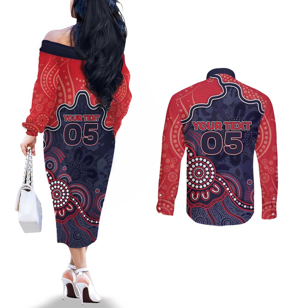 Custom Demons Football Couples Matching Off The Shoulder Long Sleeve Dress and Long Sleeve Button Shirt Aboriginal Dot Art Pattern