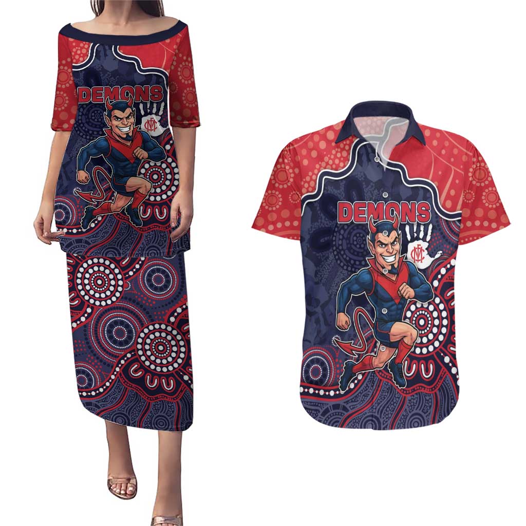 Custom Demons Football Couples Matching Puletasi and Hawaiian Shirt Aboriginal Dot Art Pattern