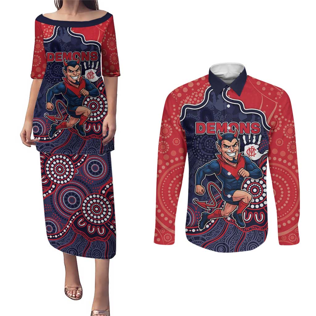 Custom Demons Football Couples Matching Puletasi and Long Sleeve Button Shirt Aboriginal Dot Art Pattern