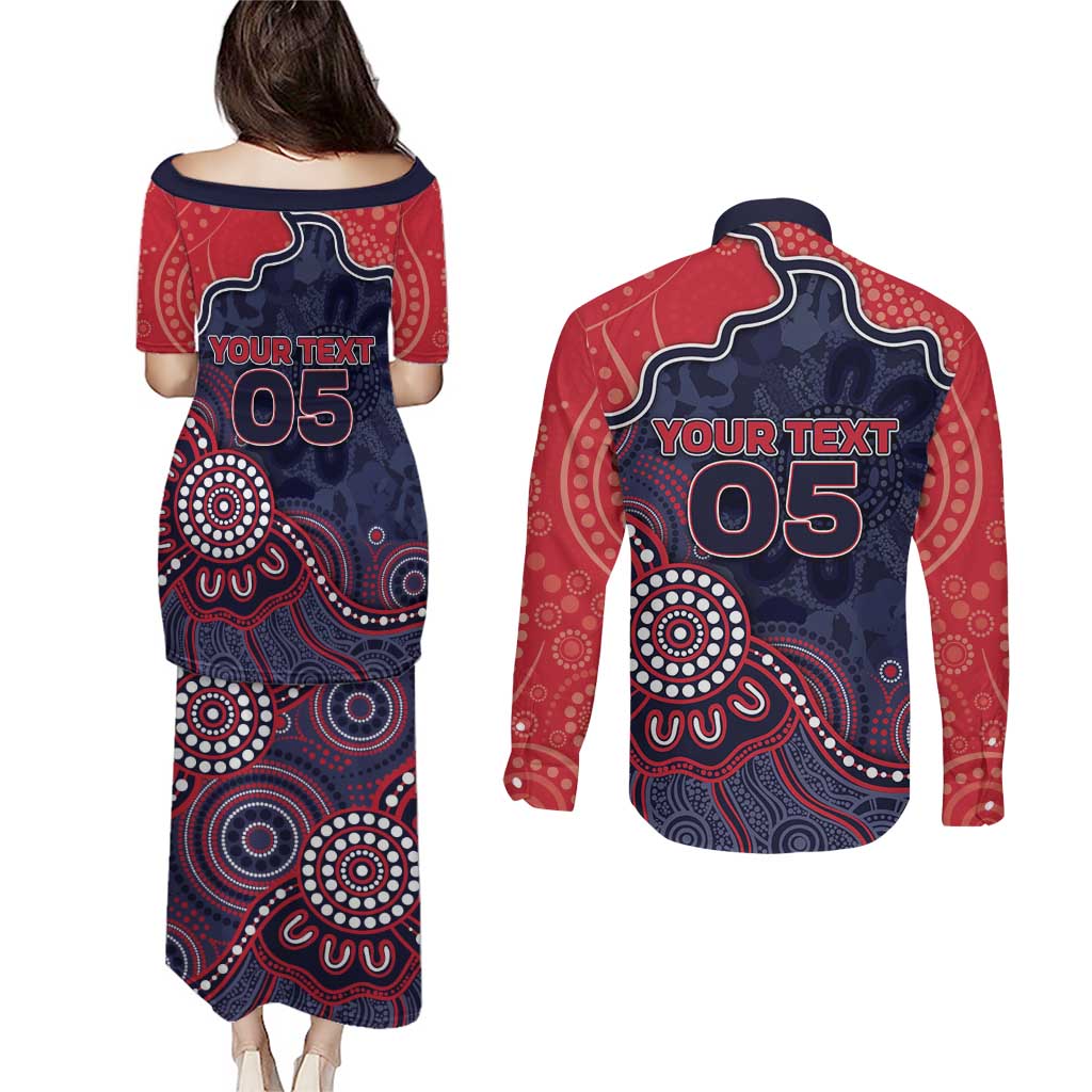 Custom Demons Football Couples Matching Puletasi and Long Sleeve Button Shirt Aboriginal Dot Art Pattern