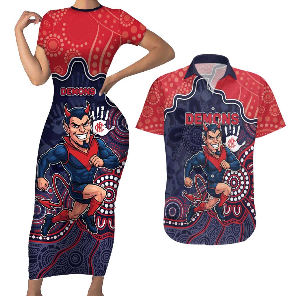 Custom Demons Football Couples Matching Short Sleeve Bodycon Dress and Hawaiian Shirt Aboriginal Dot Art Pattern