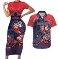 Custom Demons Football Couples Matching Short Sleeve Bodycon Dress and Hawaiian Shirt Aboriginal Dot Art Pattern