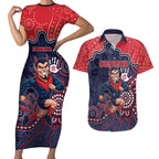 Custom Demons Football Couples Matching Short Sleeve Bodycon Dress and Hawaiian Shirt Aboriginal Dot Art Pattern