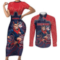 Custom Demons Football Couples Matching Short Sleeve Bodycon Dress and Long Sleeve Button Shirt Aboriginal Dot Art Pattern