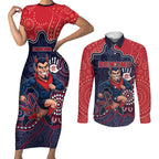 Custom Demons Football Couples Matching Short Sleeve Bodycon Dress and Long Sleeve Button Shirt Aboriginal Dot Art Pattern