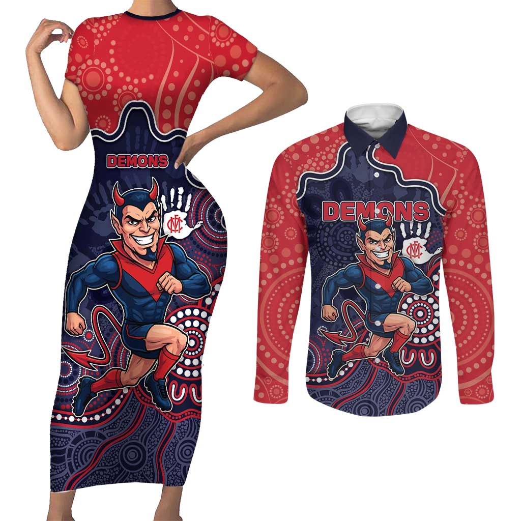Custom Demons Football Couples Matching Short Sleeve Bodycon Dress and Long Sleeve Button Shirt Aboriginal Dot Art Pattern