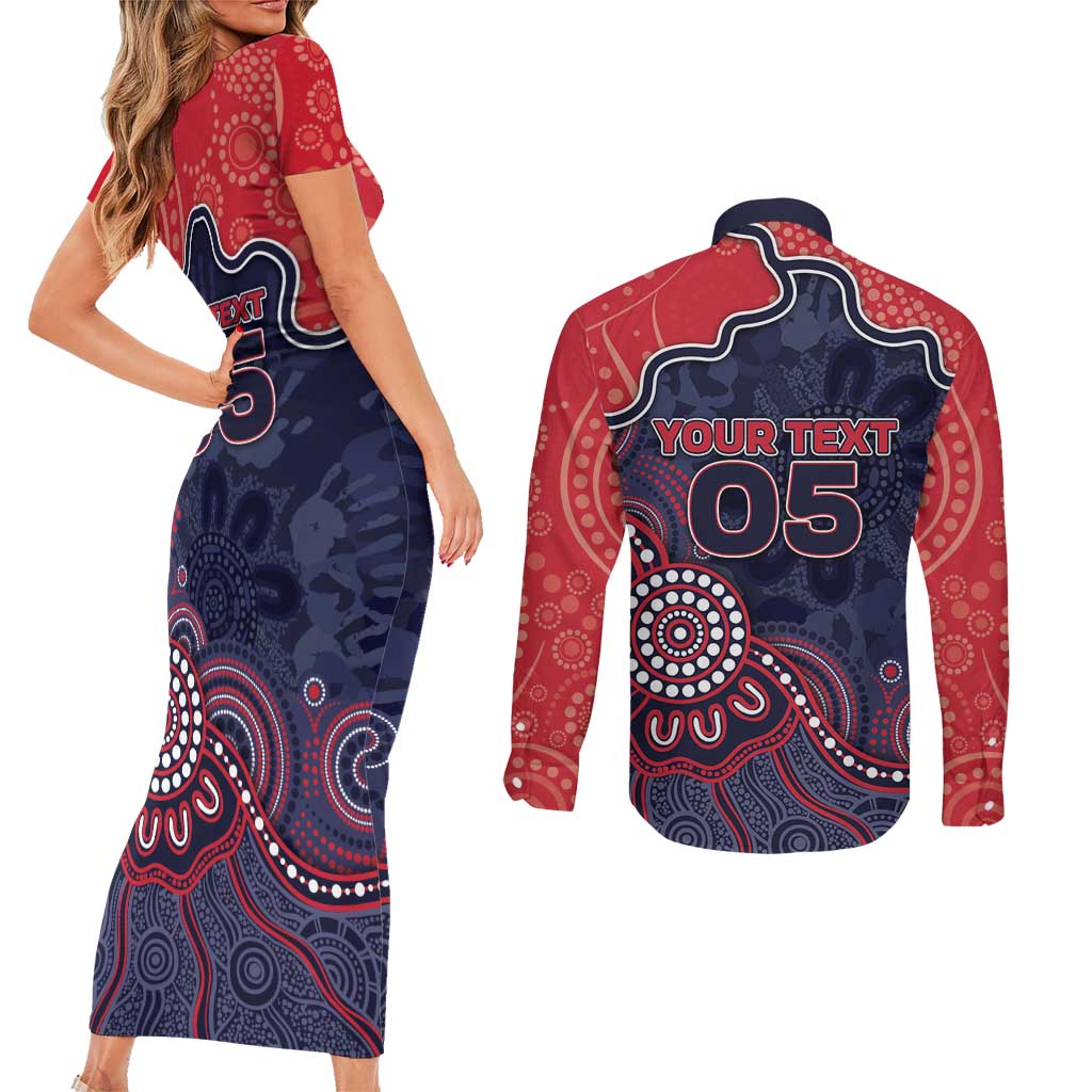 Custom Demons Football Couples Matching Short Sleeve Bodycon Dress and Long Sleeve Button Shirt Aboriginal Dot Art Pattern
