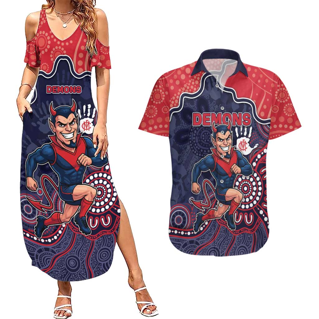 Custom Demons Football Couples Matching Summer Maxi Dress and Hawaiian Shirt Aboriginal Dot Art Pattern