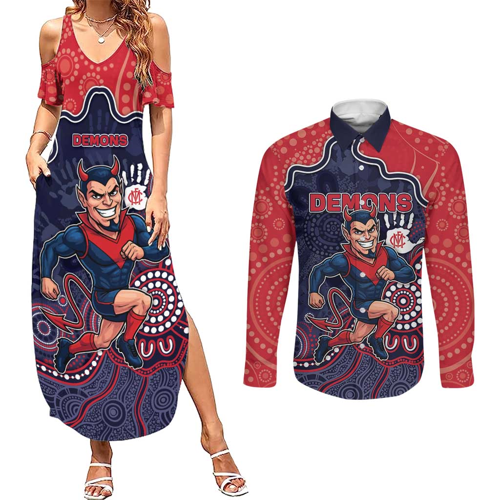 Custom Demons Football Couples Matching Summer Maxi Dress and Long Sleeve Button Shirt Aboriginal Dot Art Pattern