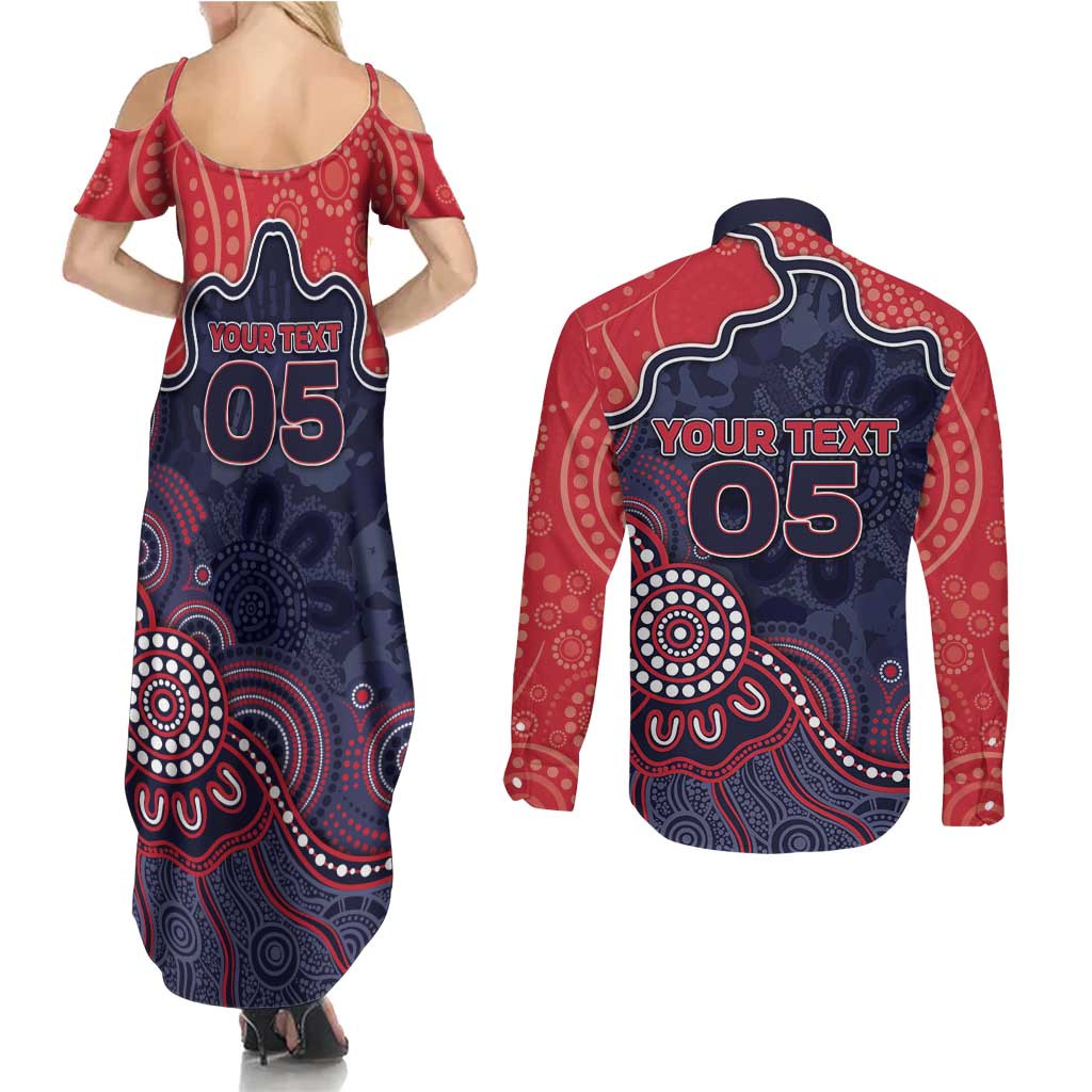 Custom Demons Football Couples Matching Summer Maxi Dress and Long Sleeve Button Shirt Aboriginal Dot Art Pattern