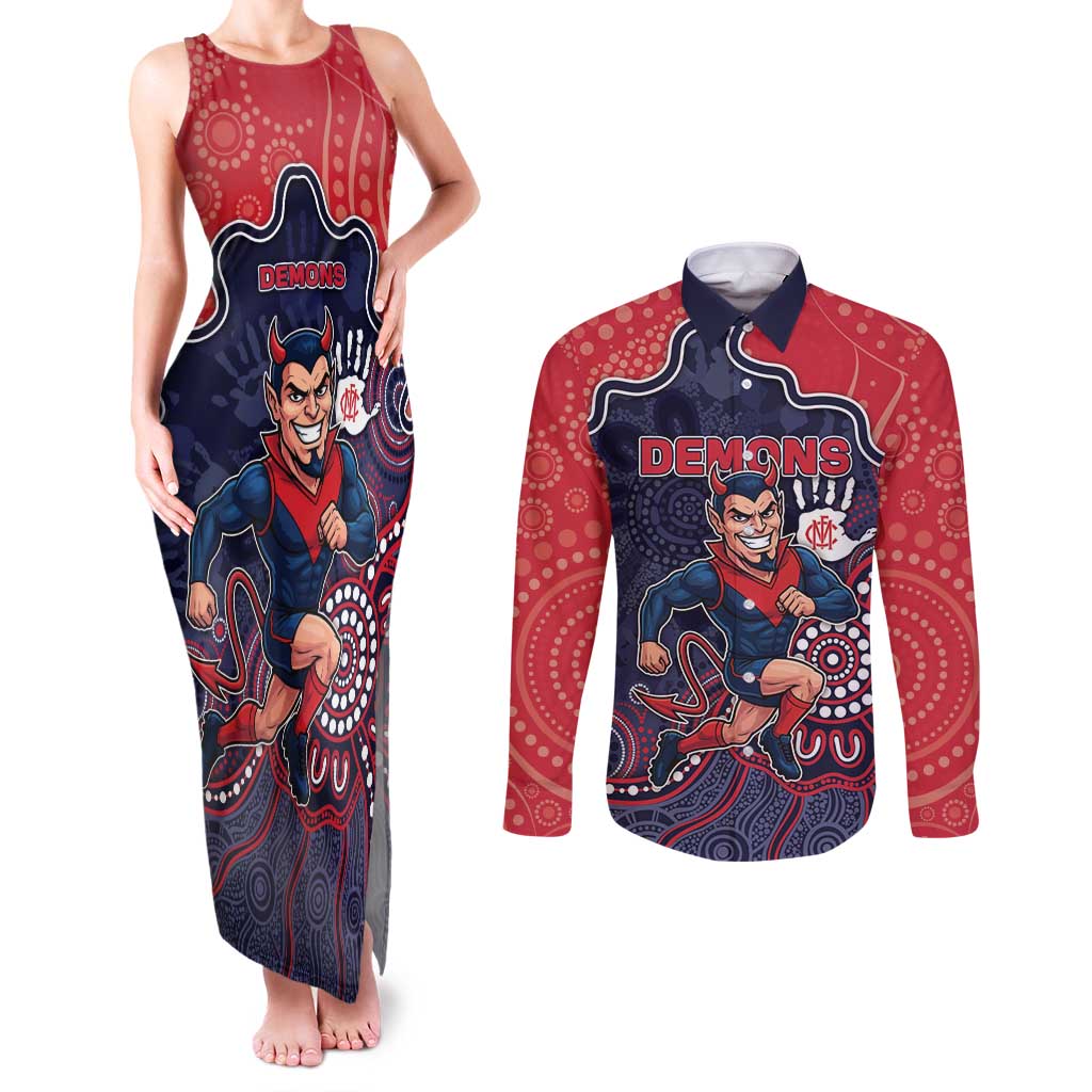 Custom Demons Football Couples Matching Tank Maxi Dress and Long Sleeve Button Shirt Aboriginal Dot Art Pattern