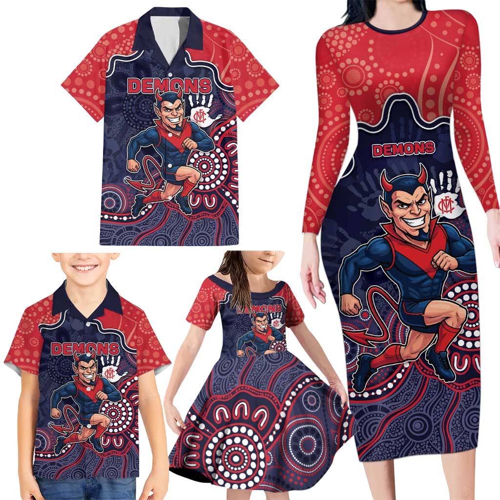 Custom Demons Football Family Matching Long Sleeve Bodycon Dress and Hawaiian Shirt Aboriginal Dot Art Pattern