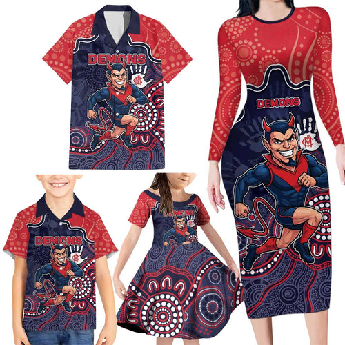 Custom Demons Football Family Matching Long Sleeve Bodycon Dress and Hawaiian Shirt Aboriginal Dot Art Pattern