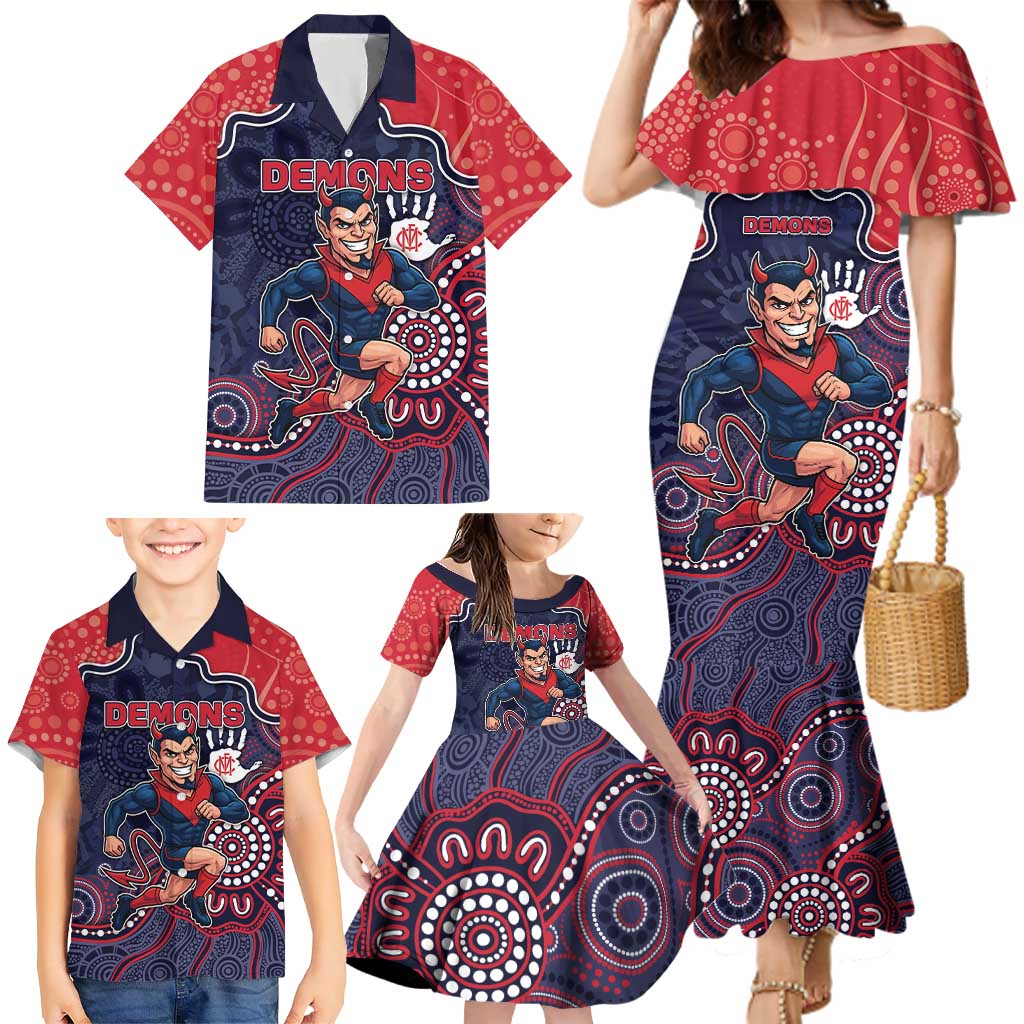 Custom Demons Football Family Matching Mermaid Dress and Hawaiian Shirt Aboriginal Dot Art Pattern