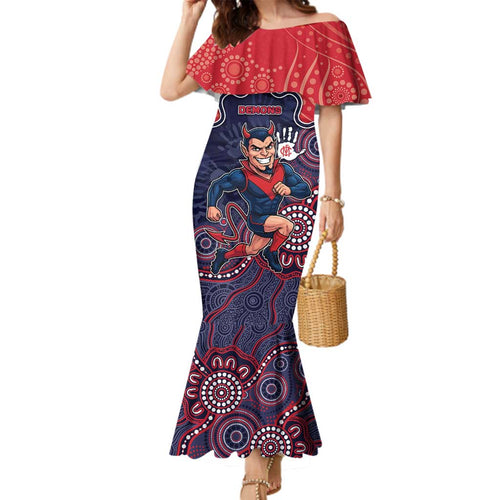 Custom Demons Football Family Matching Mermaid Dress and Hawaiian Shirt Aboriginal Dot Art Pattern