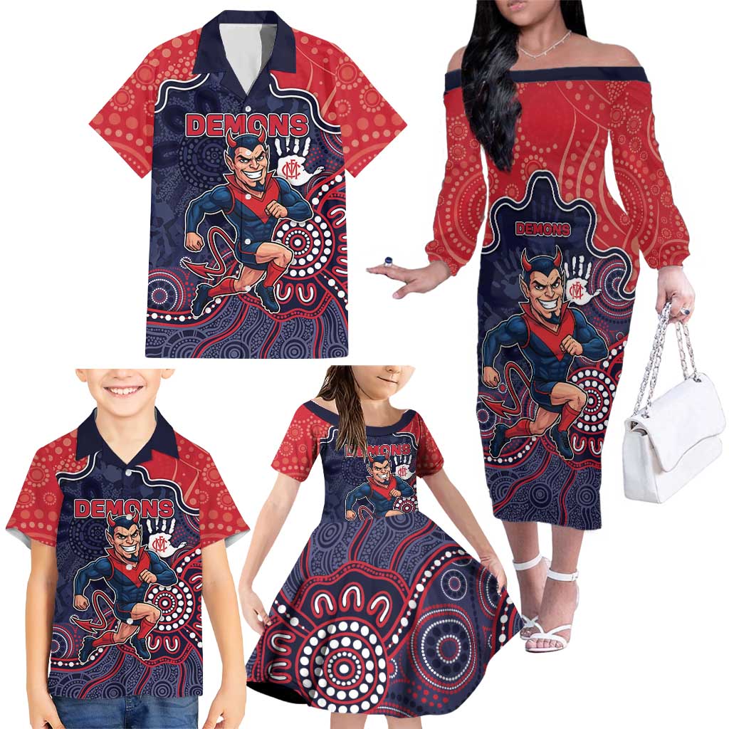 Custom Demons Football Family Matching Off The Shoulder Long Sleeve Dress and Hawaiian Shirt Aboriginal Dot Art Pattern