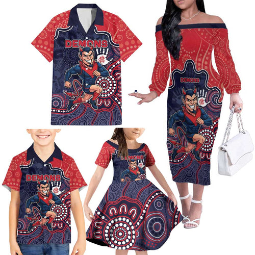 Custom Demons Football Family Matching Off The Shoulder Long Sleeve Dress and Hawaiian Shirt Aboriginal Dot Art Pattern