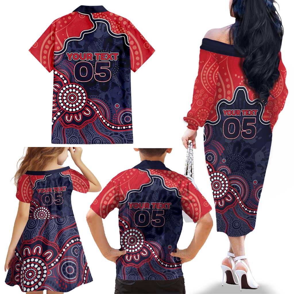 Custom Demons Football Family Matching Off The Shoulder Long Sleeve Dress and Hawaiian Shirt Aboriginal Dot Art Pattern