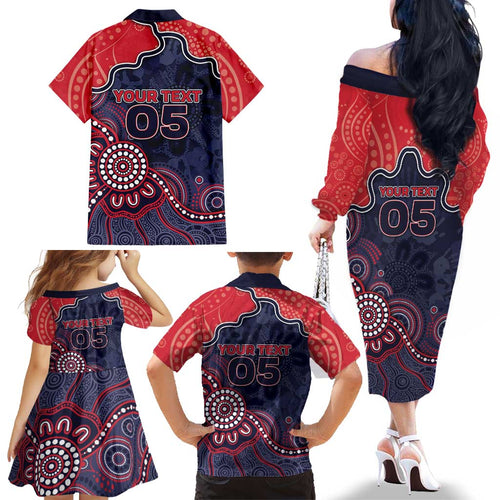 Custom Demons Football Family Matching Off The Shoulder Long Sleeve Dress and Hawaiian Shirt Aboriginal Dot Art Pattern