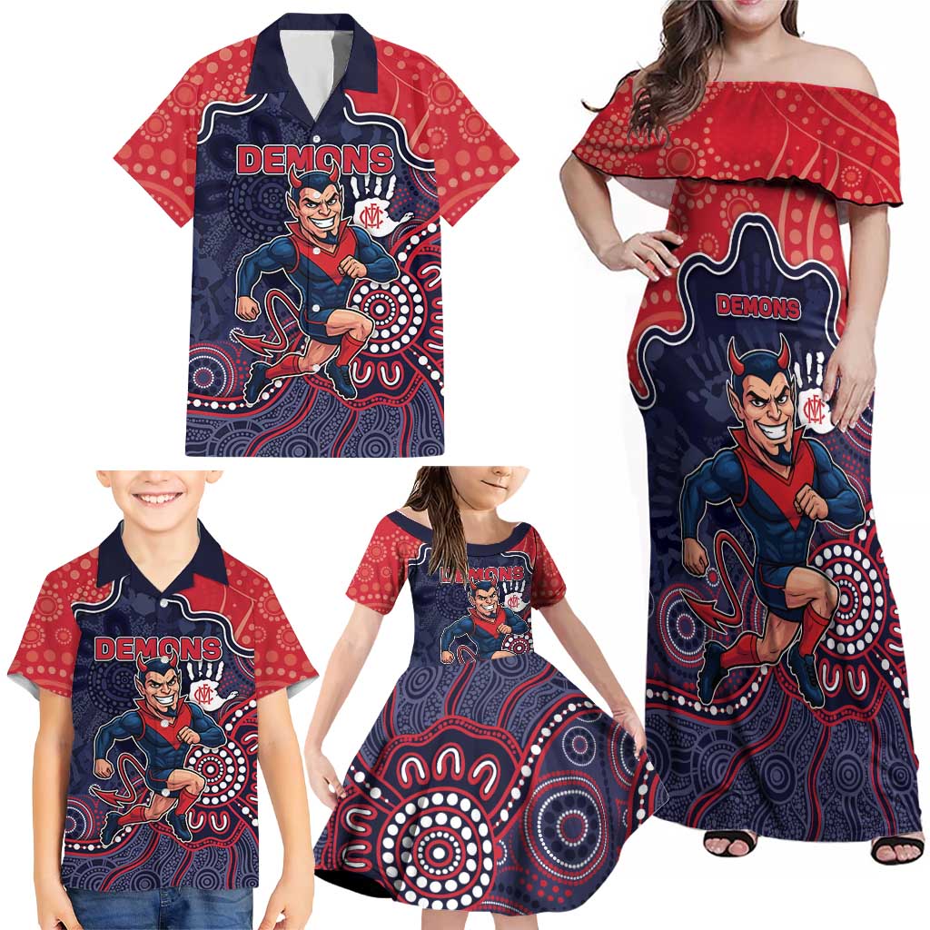 Custom Demons Football Family Matching Off Shoulder Maxi Dress and Hawaiian Shirt Aboriginal Dot Art Pattern