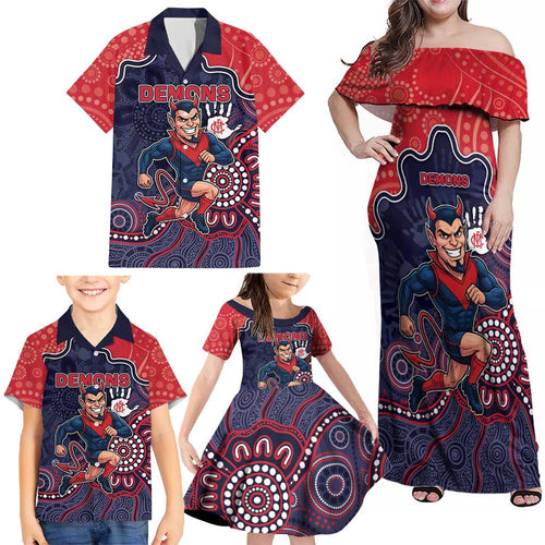 Custom Demons Football Family Matching Off Shoulder Maxi Dress and Hawaiian Shirt Aboriginal Dot Art Pattern