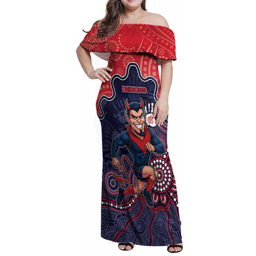 Custom Demons Football Family Matching Off Shoulder Maxi Dress and Hawaiian Shirt Aboriginal Dot Art Pattern