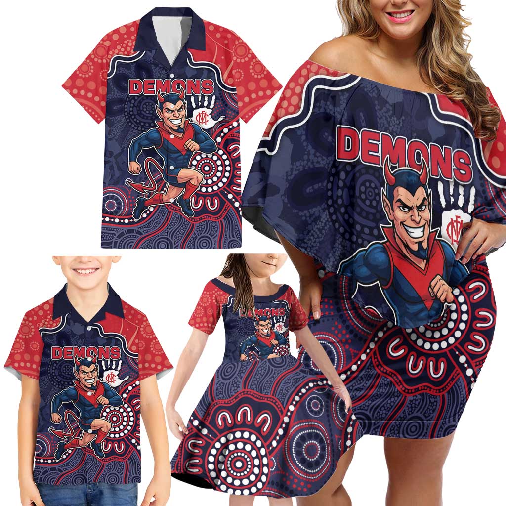 Custom Demons Football Family Matching Off Shoulder Short Dress and Hawaiian Shirt Aboriginal Dot Art Pattern