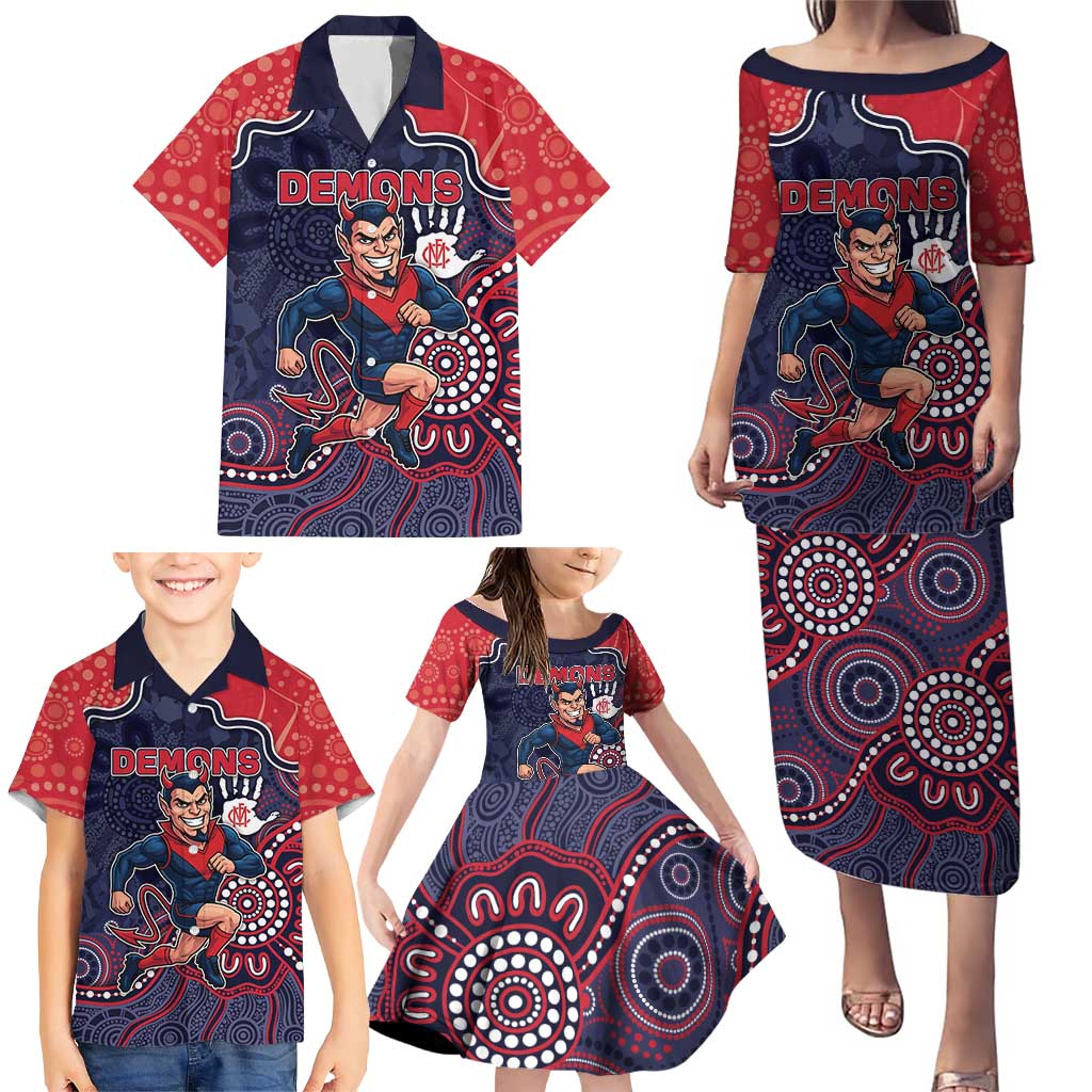 Custom Demons Football Family Matching Puletasi and Hawaiian Shirt Aboriginal Dot Art Pattern