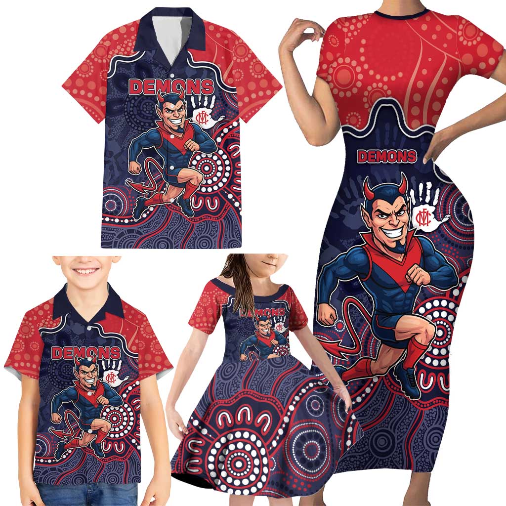 Custom Demons Football Family Matching Short Sleeve Bodycon Dress and Hawaiian Shirt Aboriginal Dot Art Pattern