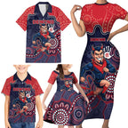 Custom Demons Football Family Matching Short Sleeve Bodycon Dress and Hawaiian Shirt Aboriginal Dot Art Pattern