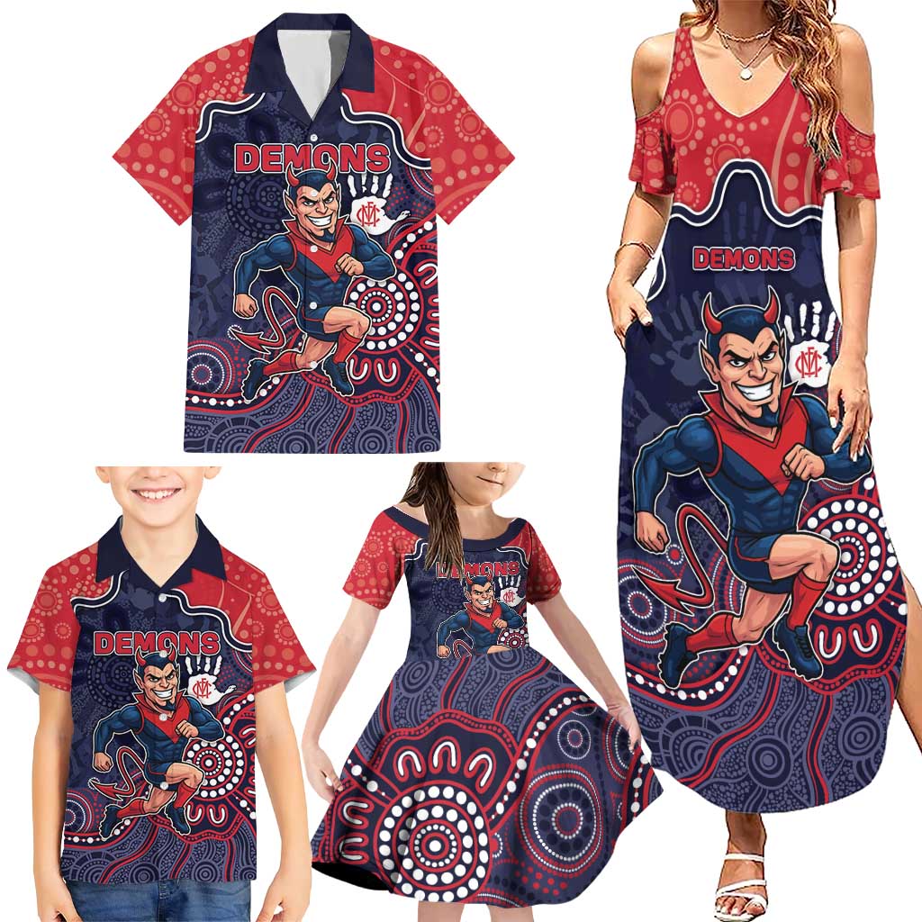 Custom Demons Football Family Matching Summer Maxi Dress and Hawaiian Shirt Aboriginal Dot Art Pattern