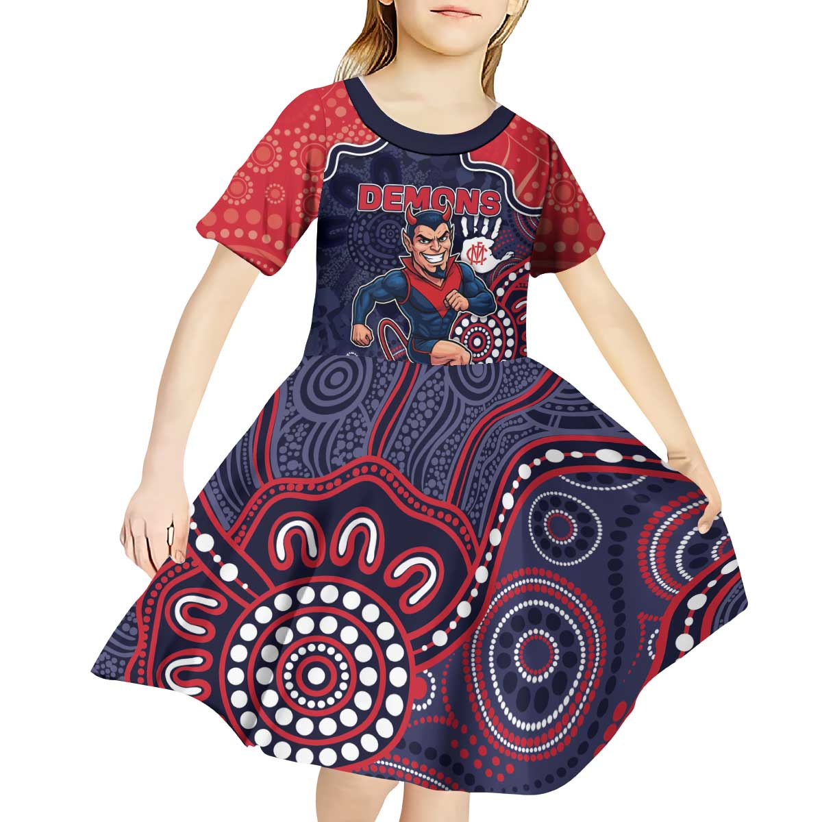 Custom Demons Football Kid Short Sleeve Dress Aboriginal Dot Art Pattern