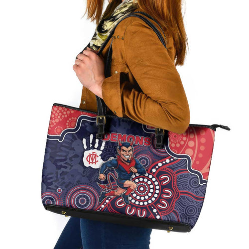 Demons Football Leather Tote Bag Aboriginal Dot Art Pattern