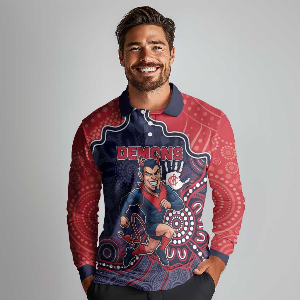 Custom Demons Football Long Sleeve Polo Shirt Aboriginal Dot Art Pattern