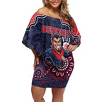 Custom Demons Football Off Shoulder Short Dress Aboriginal Dot Art Pattern