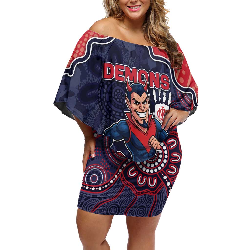 Custom Demons Football Off Shoulder Short Dress Aboriginal Dot Art Pattern