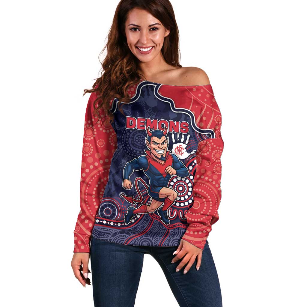 Custom Demons Football Off Shoulder Sweater Aboriginal Dot Art Pattern