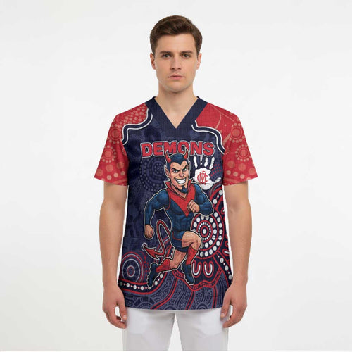 Custom Demons Football Scrub Top Aboriginal Dot Art Pattern