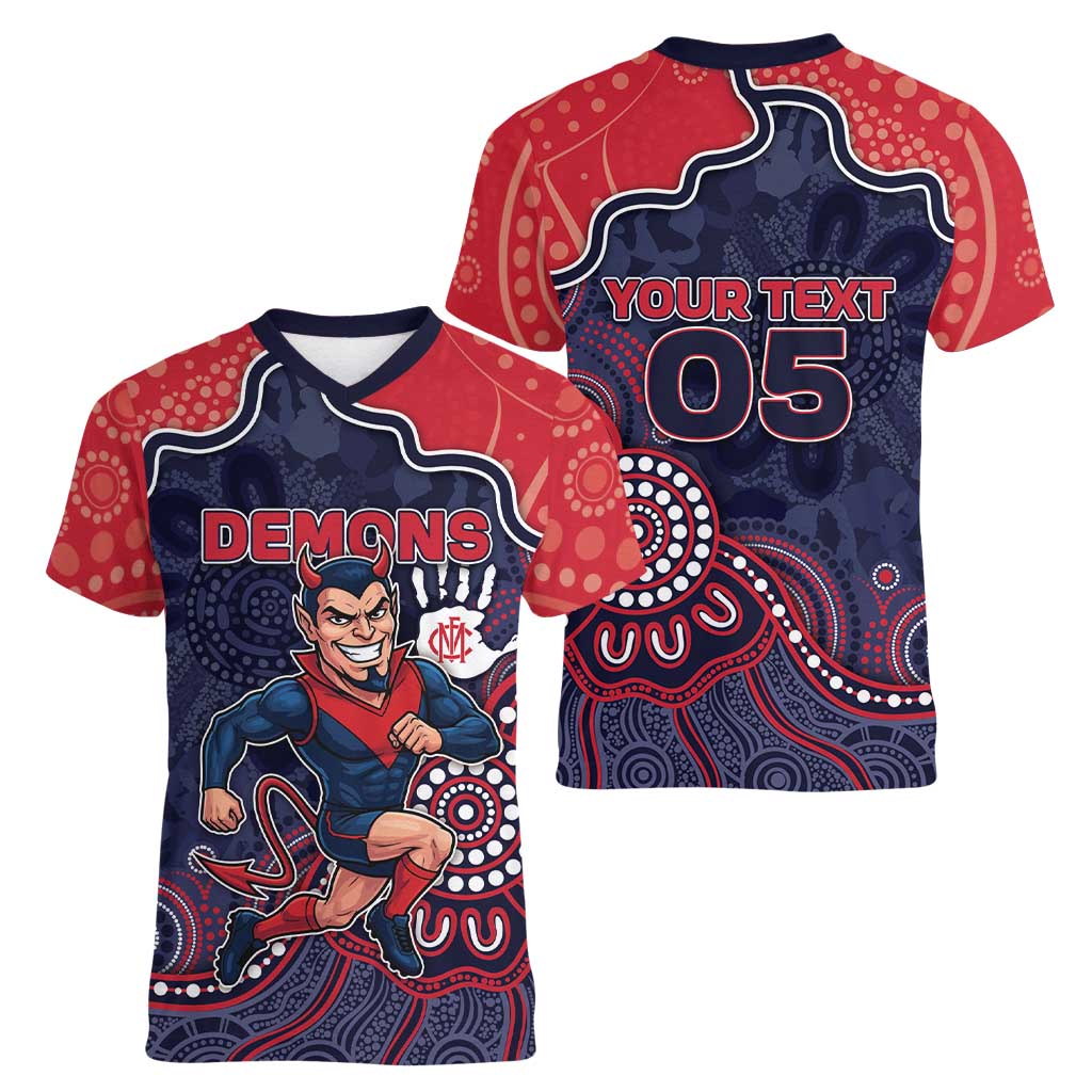 Custom Demons Football Women V-Neck T-Shirt Aboriginal Dot Art Pattern