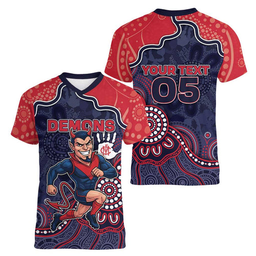 Custom Demons Football Women V-Neck T-Shirt Aboriginal Dot Art Pattern