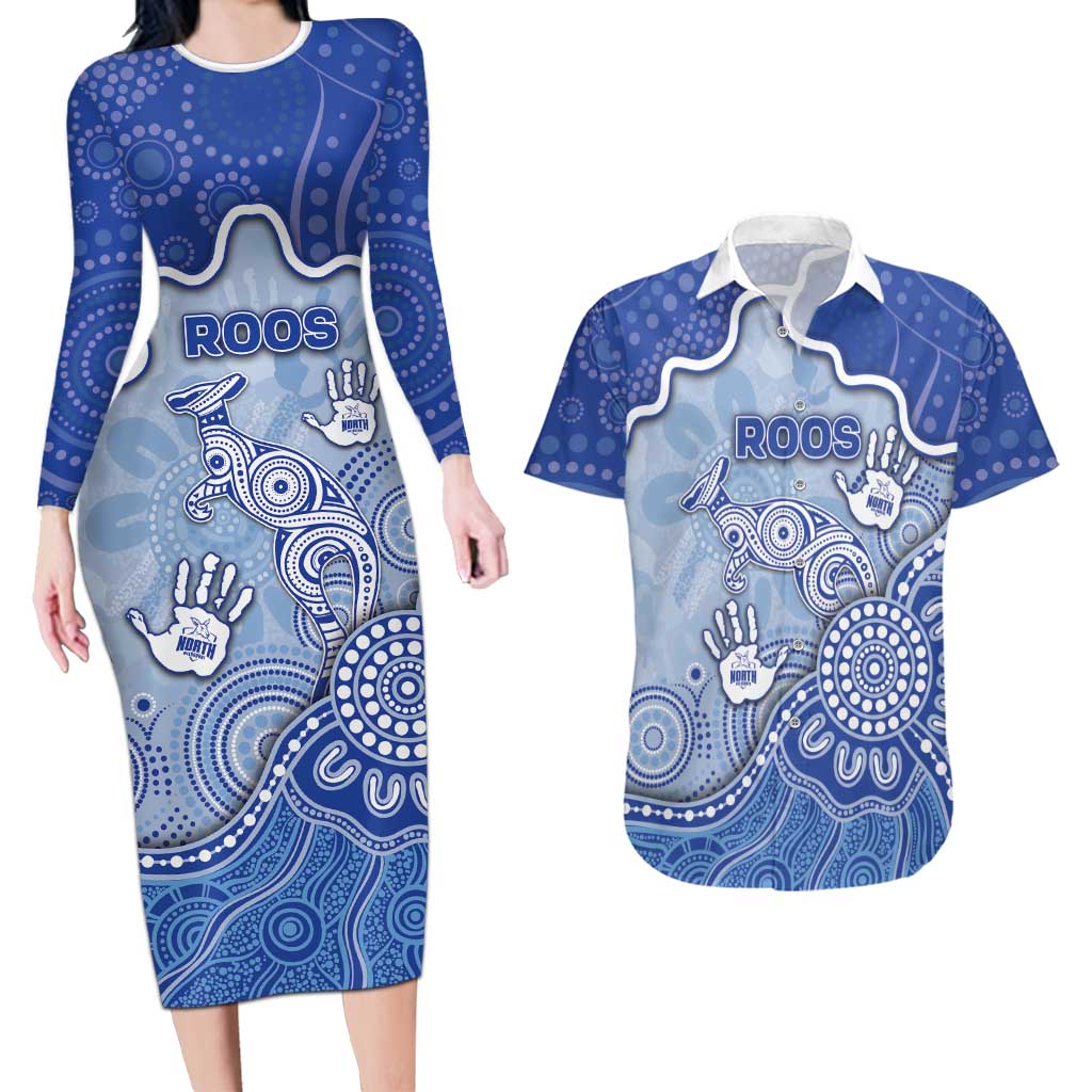 Custom Roos Football Couples Matching Long Sleeve Bodycon Dress and Hawaiian Shirt Aboriginal Dot Art Pattern