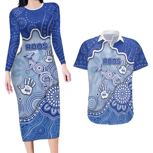 Custom Roos Football Couples Matching Long Sleeve Bodycon Dress and Hawaiian Shirt Aboriginal Dot Art Pattern