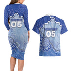 Custom Roos Football Couples Matching Long Sleeve Bodycon Dress and Hawaiian Shirt Aboriginal Dot Art Pattern