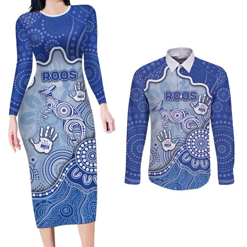 Custom Roos Football Couples Matching Long Sleeve Bodycon Dress and Long Sleeve Button Shirt Aboriginal Dot Art Pattern